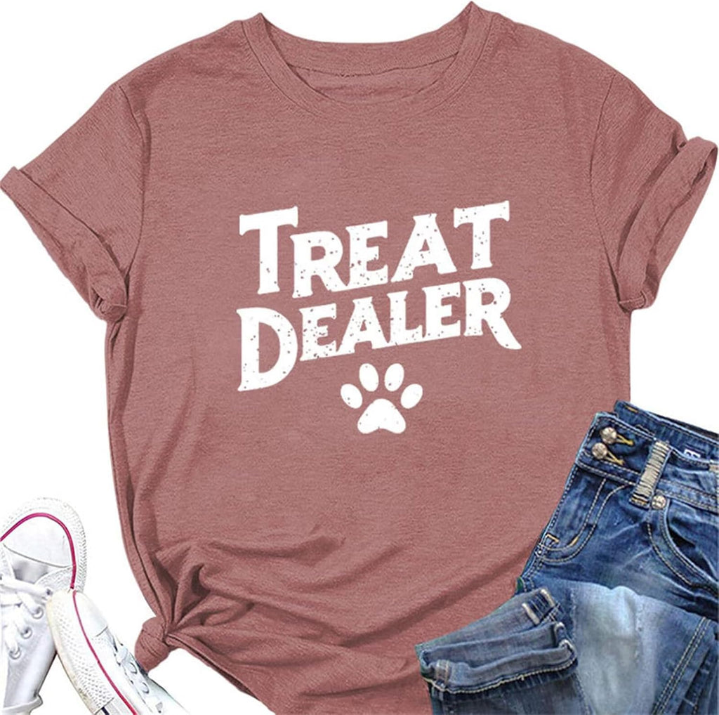 Treat Dealer T Shirt for Women Cute Dog Paw Print Graphic Tees Funny Dog Mom Shirt Puppy Lover Gifts Casual Tops