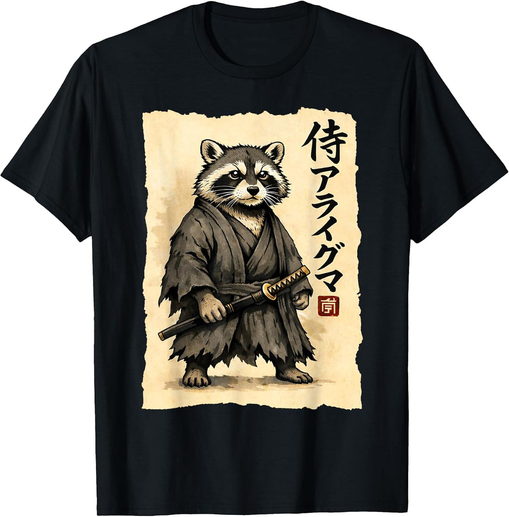 Samurai Raccoon Japanese Warrior Vintage Ukiyo-e Anime Art T-Shirt