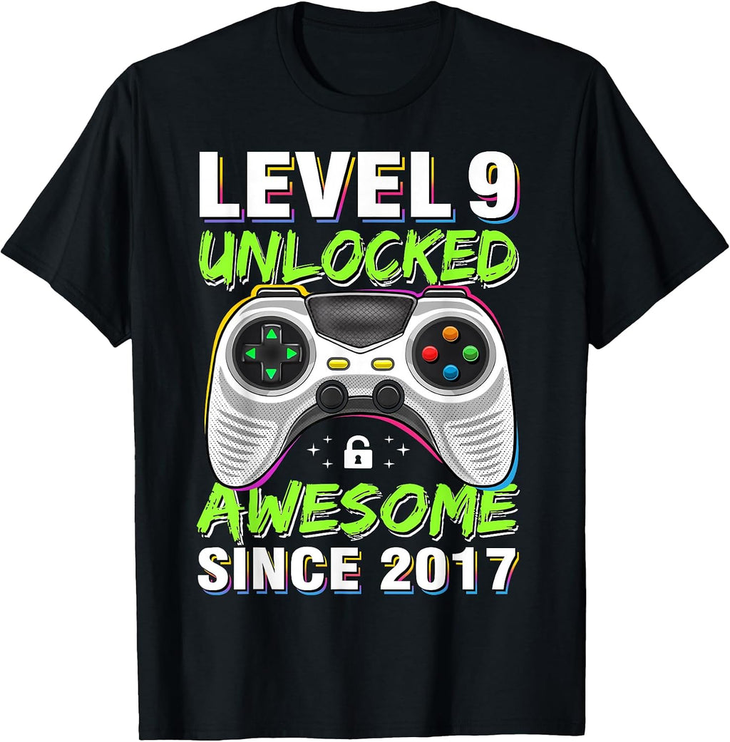 Level 9 Unlocked Awesome Since 2017 9th Birthday Gaming Boys T-Shirt