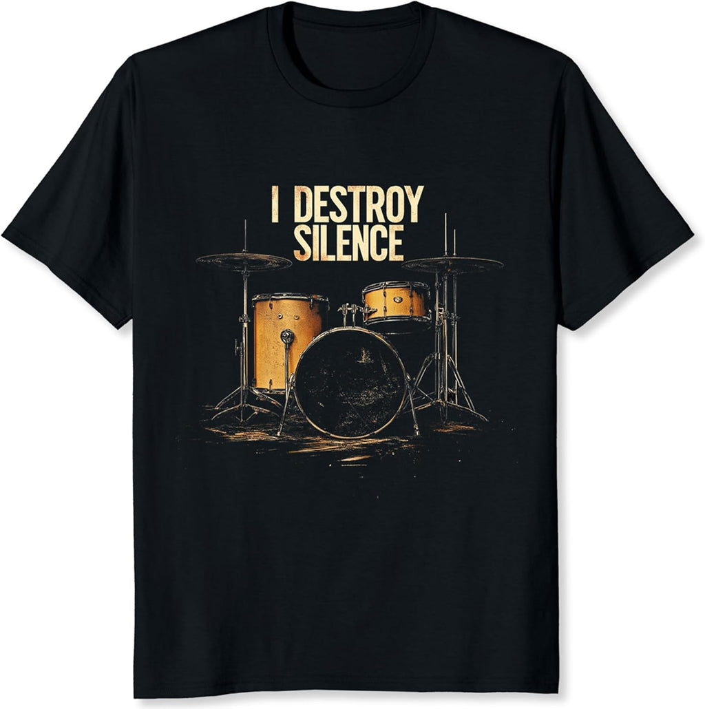 I Destroy Silence Drummer Band T-Shirt for Men Classic Rock Metal Band Graphic Tee Vintage Drummer Gift for Music Lovers