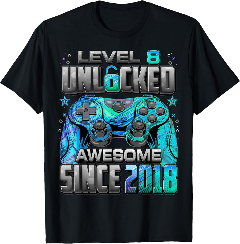 Level 8 Unlocked Awesome Since 2018 8th Birthday Gaming T-Shirt