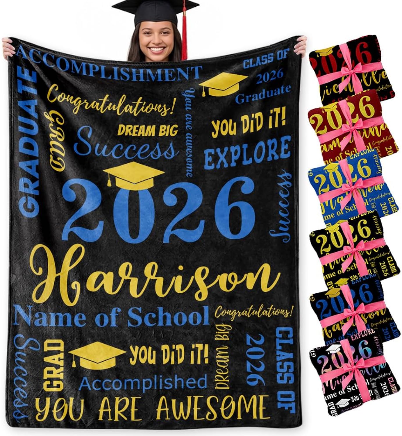 Graduation Gifts Personalized for Her Him Blankets with Name&School for College High School Middle School Class of 2026 Gifts,Custom Name Blankets Master Degree/PHD Grad Gifts for Women Men