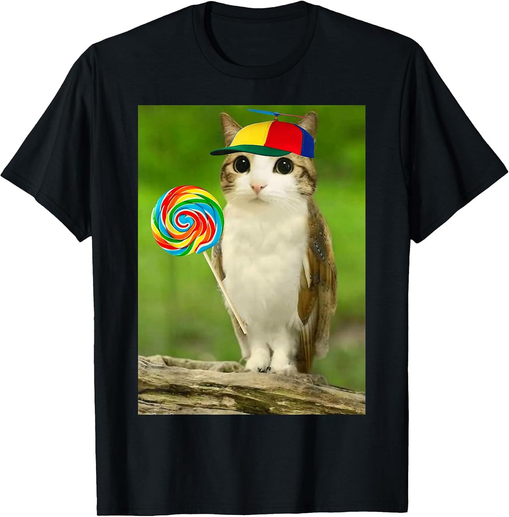 Meowl Cat Owl with Lollipop Funny Cursed Internet Cat Lover T-Shirt