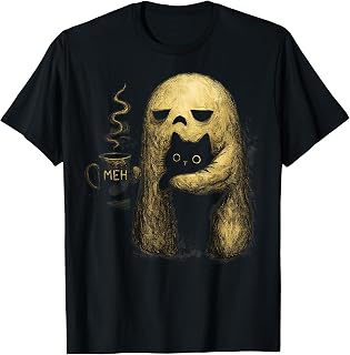 Meh Ghost Cat Spooky Black Cat Funny Halloween Coffee Lover T-Shirt