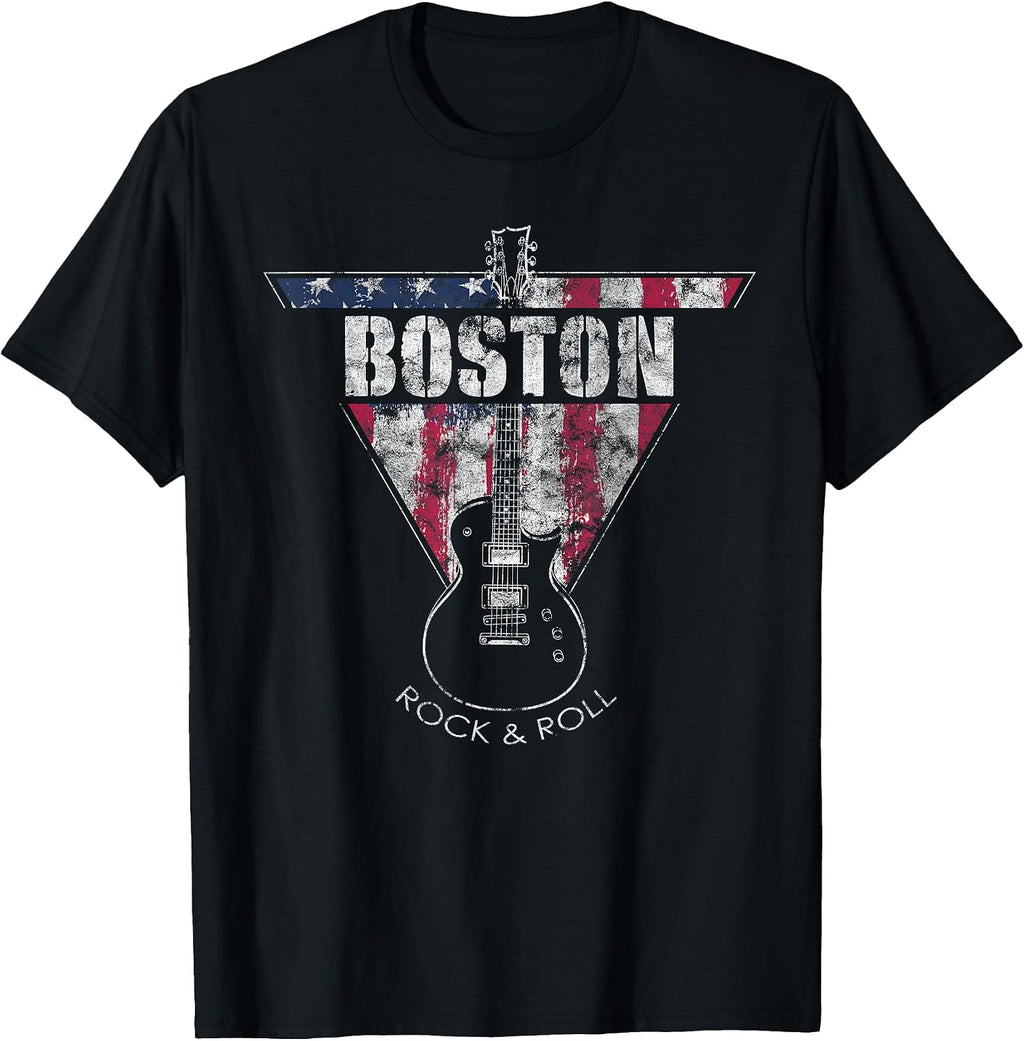 Boston Souvenir Vintage American Flag Guitar Player Rock Fan T-Shirt