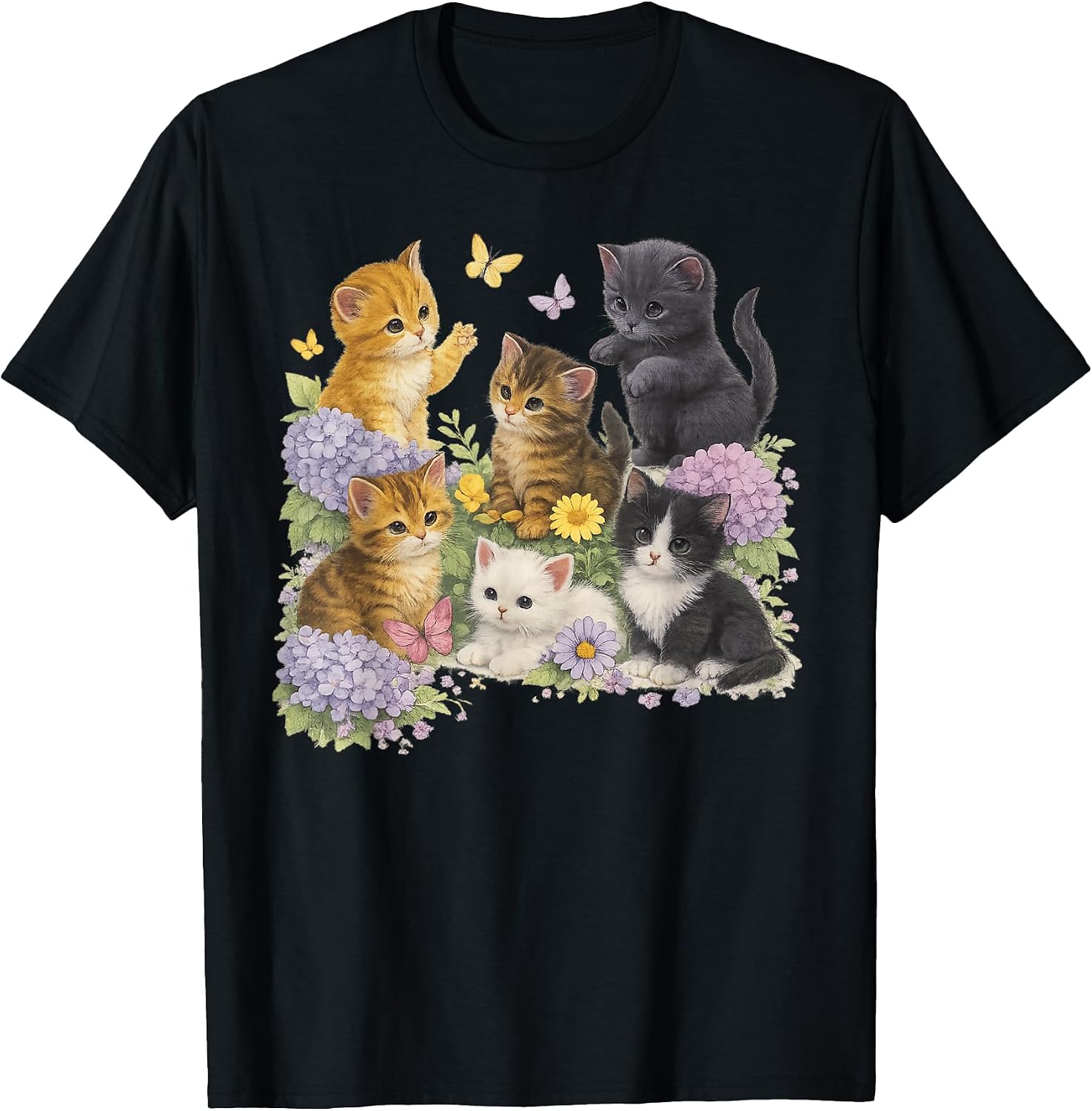 Cute Kittens Floral Garden Butterfly Cottagecore Cat Lover T-Shirt