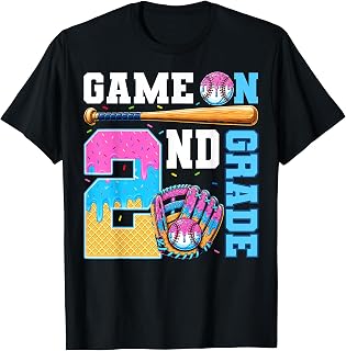 Game On 2nd Grade Boy Baseball Ice Cream Drip Back to School T-Shirt