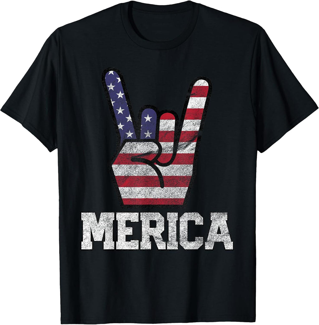 Merica Rock Sign 4th of July Vintage American Flag Retro USA T-Shirt Small