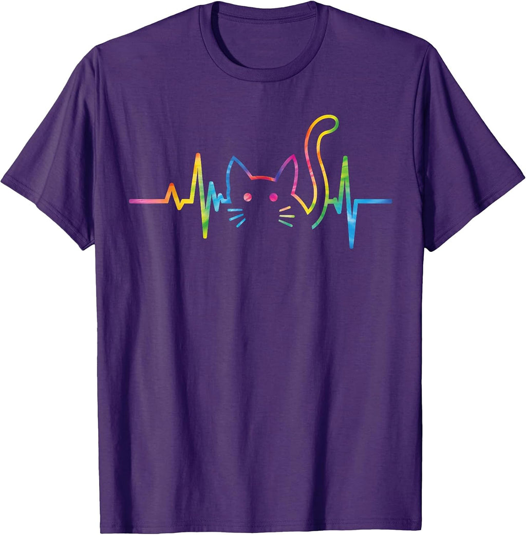 Heartbeat Cat for Women Silhouette Cute Cat Tie Dye Lover T-Shirt