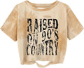 Women Country Music Graphic Distressed Tee Shirt Sexy Ripped Short Sleeve Crop Tops