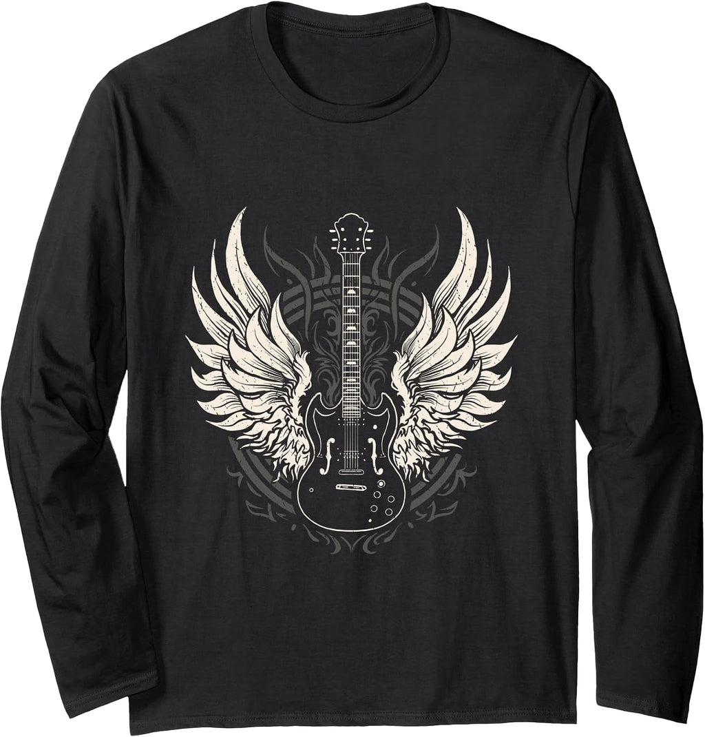 Guitar Wings Vintage Retro 80s Rock & Roll Music Long Sleeve T-Shirt