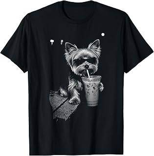 Funny Yorkie Drinking Iced Coffee Dog with Sunglasses T-Shirt