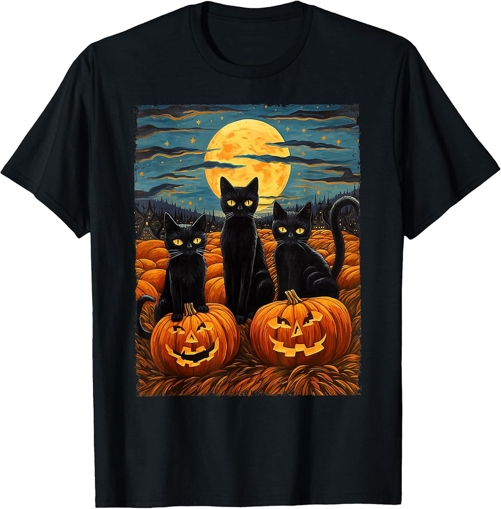 Black Cat Halloween Cat Lovers Starry Night Cat Van Gogh Cat T-Shirt