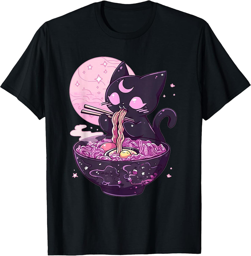 Pastel Goth Aesthetic Kawaii Creepy Cat Eating Ramen Noodles T-Shirt