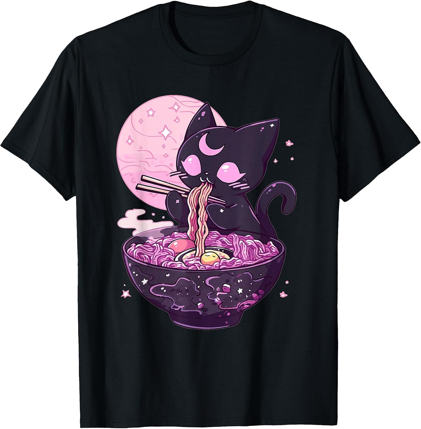 Pastel Goth Aesthetic Kawaii Creepy Cat Eating Ramen Noodles T-Shirt