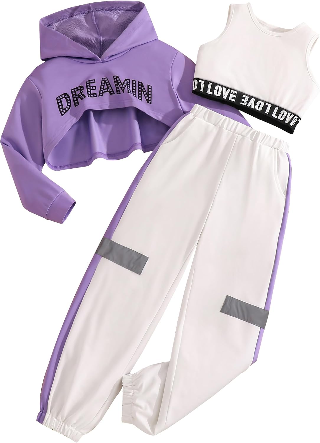 Girls Graphic 3 Piece Outfits Workout Hoodie Crop Tank and Sweatpants Hip Hop Dance Set