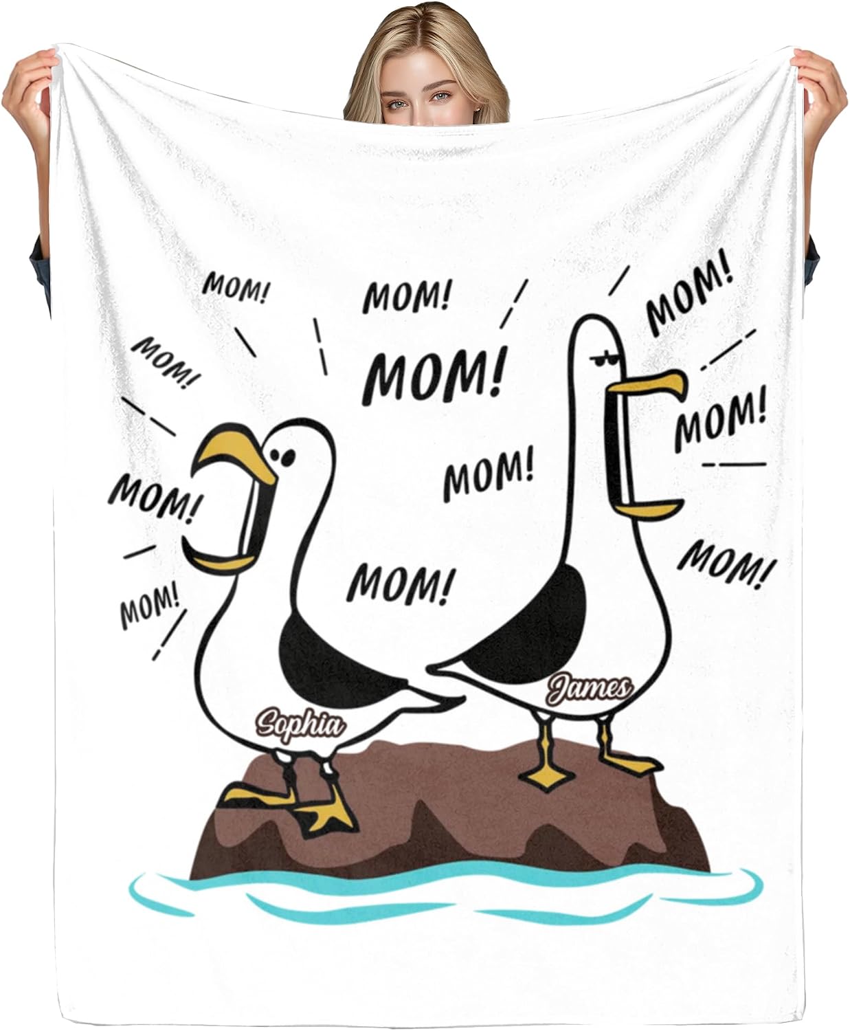 Funny Seagull Mom Throw Blanket Personalized Name from Daughter, Soft Fleece Custom Birthday Gift for Women Home Decor