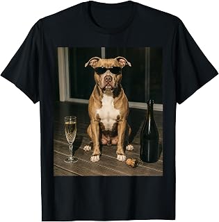 Vintage Pitbull Drinking Champagne Sunglasses Dog Lover T-Shirt