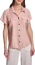 Karl Lagerfeld Women's Short Sleeve Studded Shoulders Lightweight Blouse