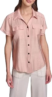 Karl Lagerfeld Women's Short Sleeve Studded Shoulders Lightweight Blouse