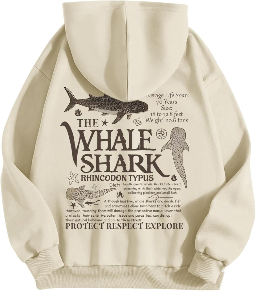 Cute Hoodies for Women Ocean Whale Shark Hoodie Aesthetic Animal Graphic Sweatshirts Casual Fleece Pullover Tops