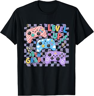 Retro Checkered Level Up 4th Grade Gamer Back to School Cute T-Shirt
