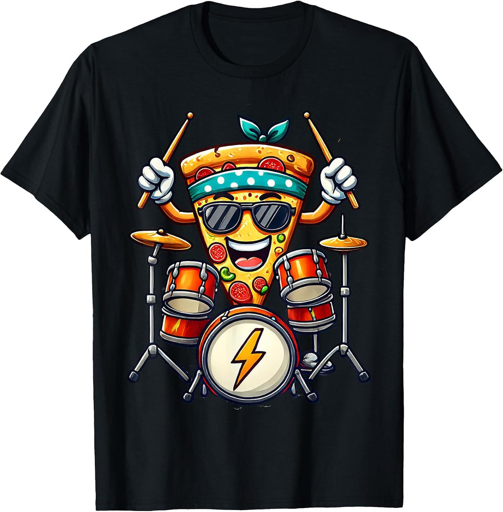 Pizza Funny Rockstar Drummer Drums Music Band Men Women Kids T-Shirt
