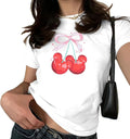 Pink Bow Cherries Shirt Women: Coquette Tops Clean Girl Aesthetic Shirts Casual Summer Short Sleeve Tshirt