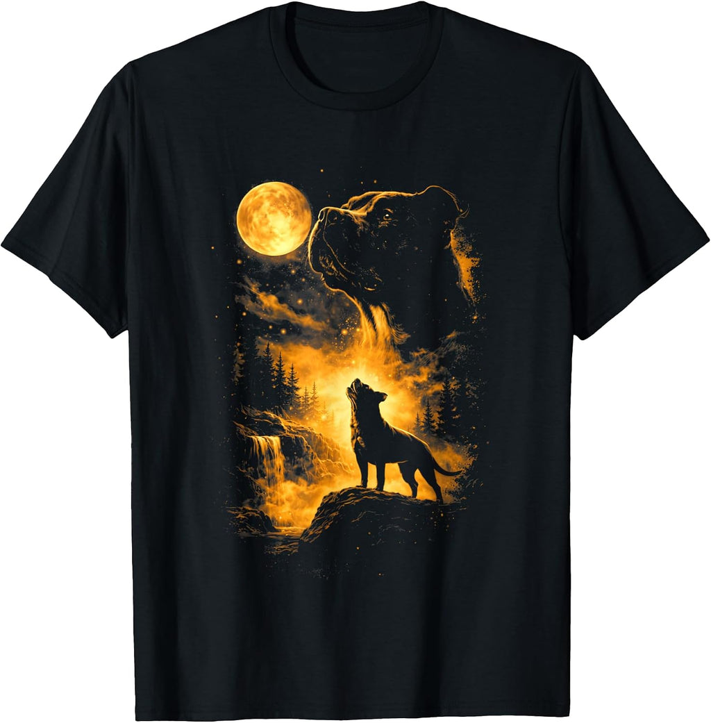 Pitbull Howling At The Moon Dog Lover Night Forest Wolf Art T-Shirt