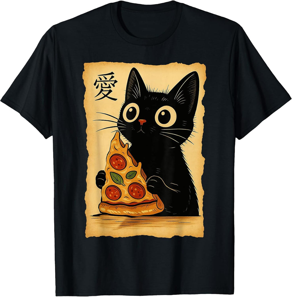 Japanese Kawaii Anime Cat Pizza Aesthetic Cat Eating Pizza T-Shirt