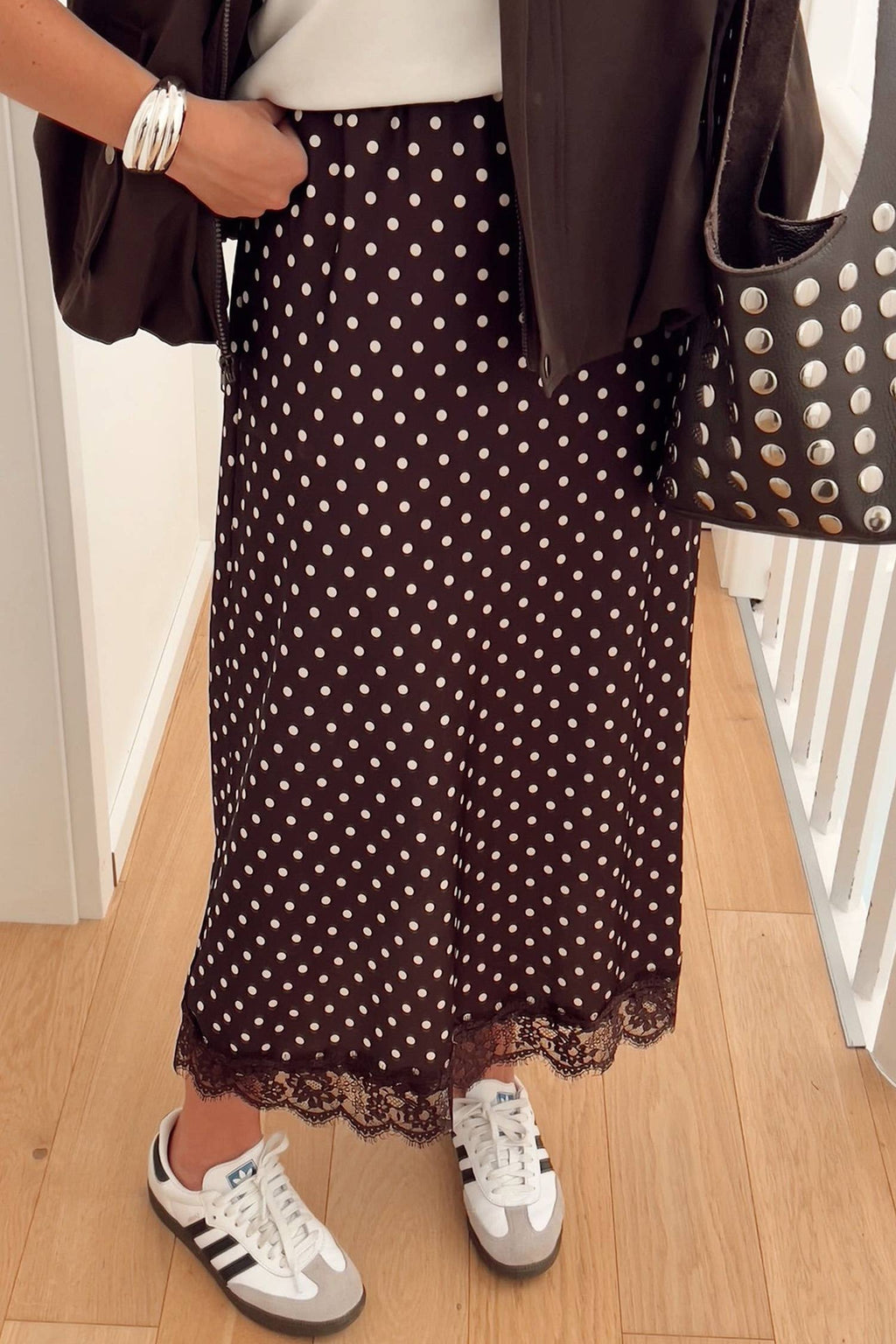 66 Fall 2026 Polka Dot Lace Trim Maxi Skirt (S-Xl)