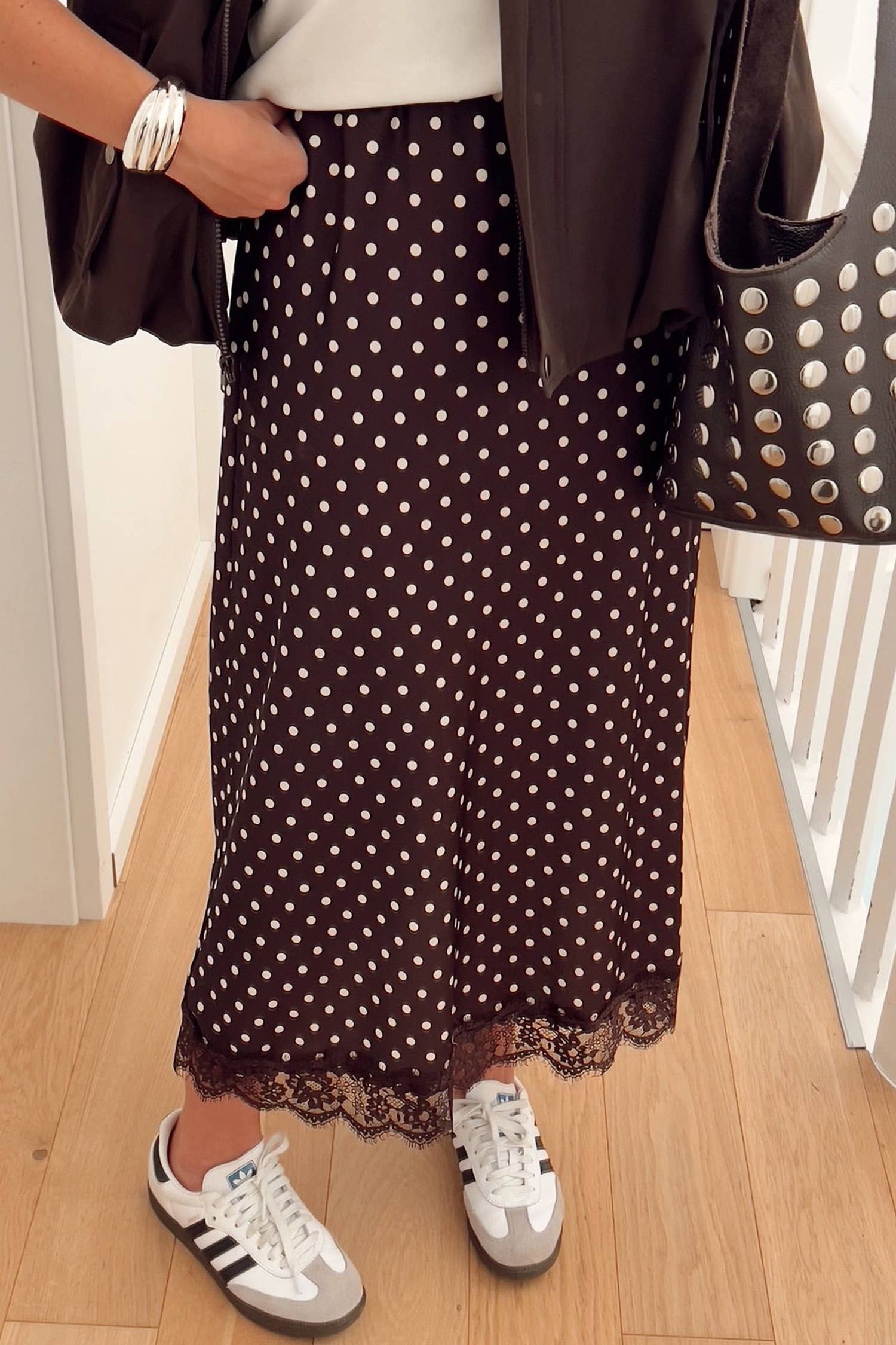 66 Fall 2026 Polka Dot Lace Trim Maxi Skirt (S-Xl)
