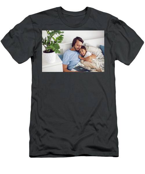 Dad Reads A Book Lying In White Bed To His Son Child Before Going To Bed #8 T-Shirt
