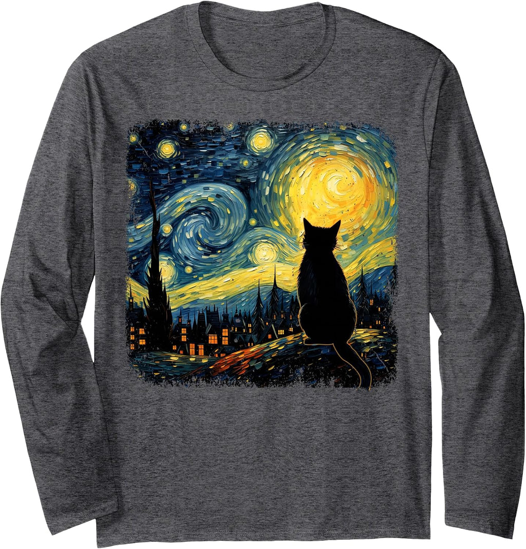 Cat Starry Night Van Gogh Cat for Cat Lover Cat Mom Cat Dad Long Sleeve T-Shirt