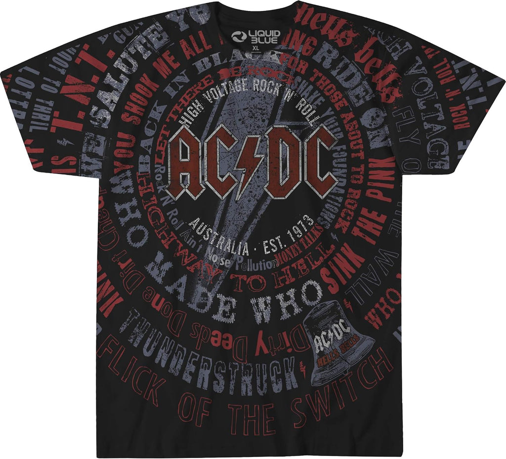 Unisex Adult Ac/DC Song Titles All Over Print Graphic Short Sleeve Tee