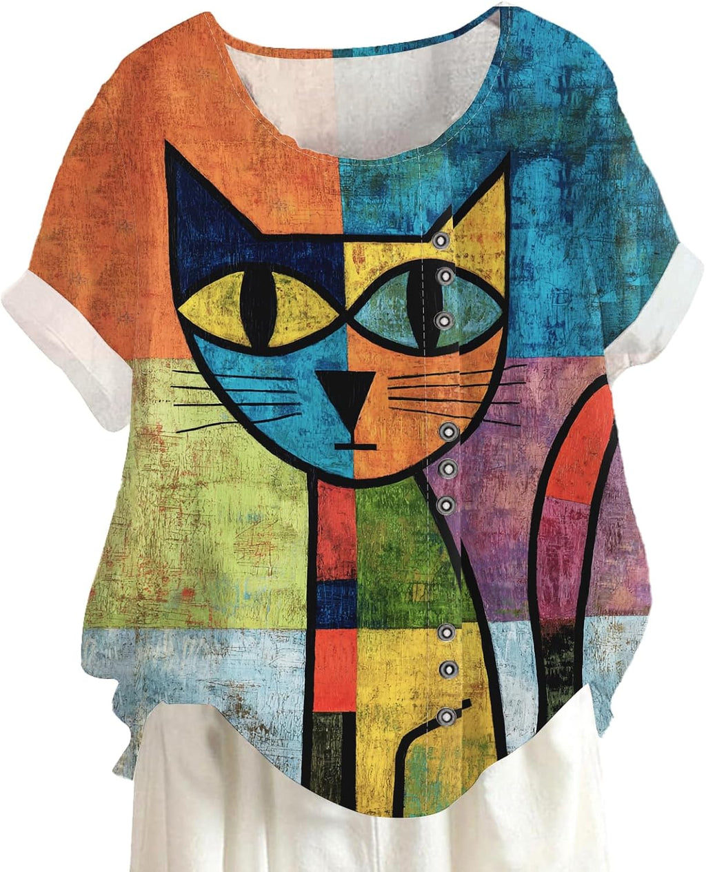 Abstract Cat Printed T-Shirts for Women Summer Crewneck Short Sleeve Comfy Tee Colorful Cute Animal Pattern Top