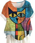 Abstract Cat Printed T-Shirts for Women Summer Crewneck Short Sleeve Comfy Tee Colorful Cute Animal Pattern Top