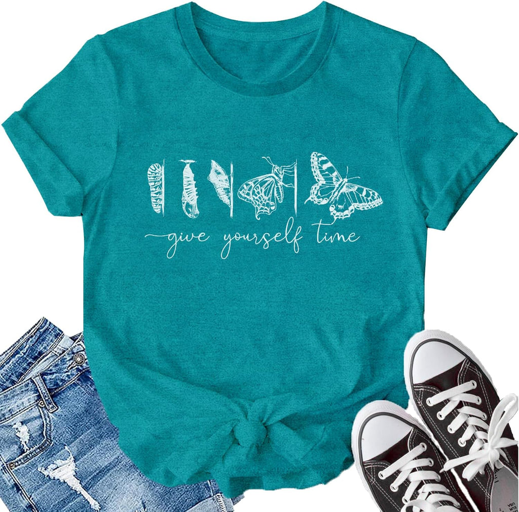 Butterfly Shirt for Wome Inspirational Growth T Shirt Give Yourself Time Casual Tees Tops
