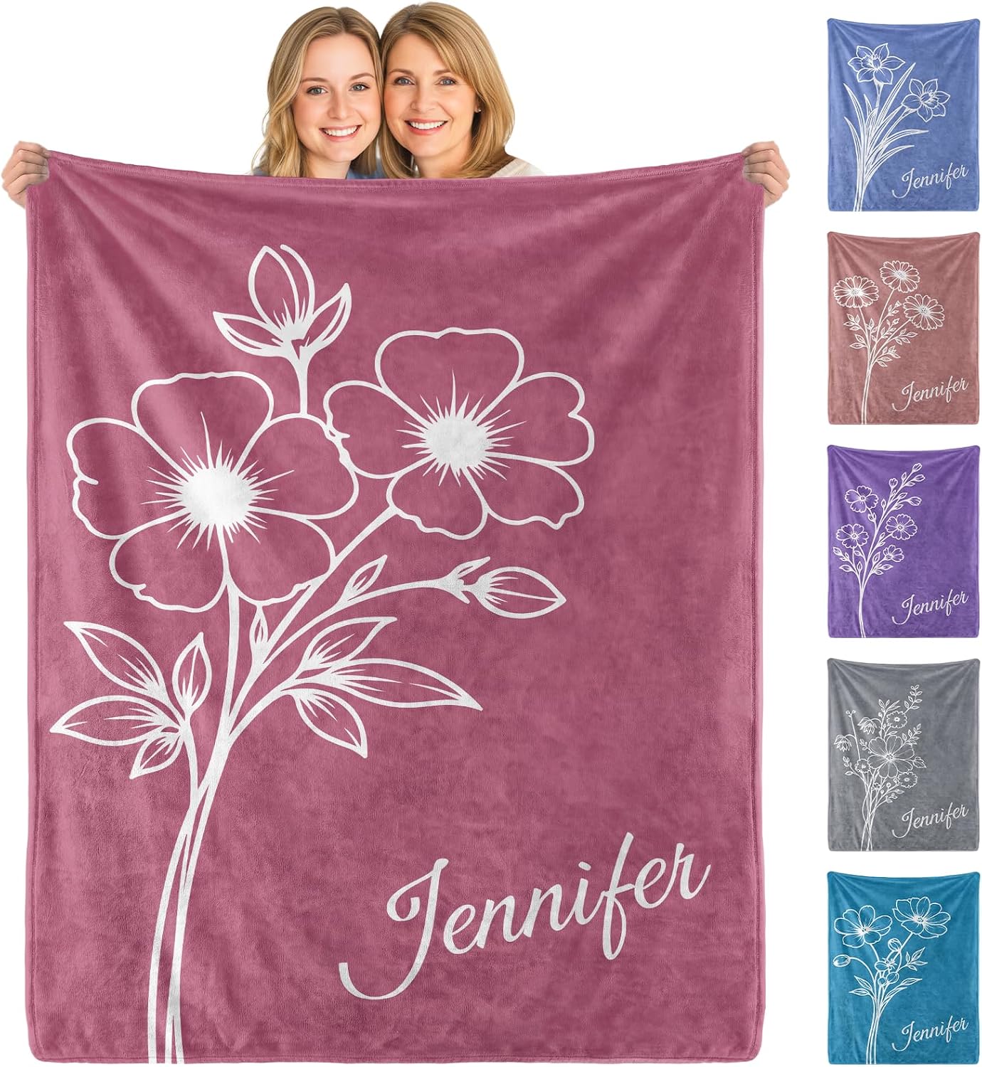 Personalized Gifts for Women, Custom Birth Month Flower Blanket with Name, Personalized Mothers Day Birthday Gifts for Women Mom Grandma, Customized Adult Throw Blankets