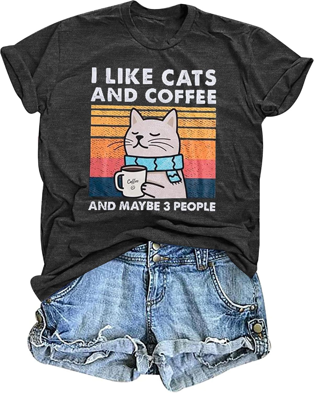 Cat Shirt I Like Cats and Coffee and Maybe 3 People Graphic T-Shirt Vintage Cat Lover Shirts Retro Coffee Lover Gift Tee Tops