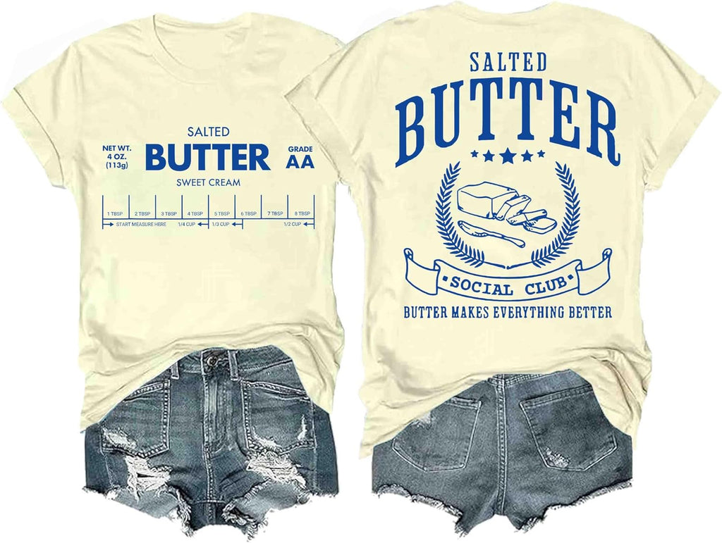 Funny Butter Printed Graphic T-Shirt for Women Salted Butter Foodie Baking Tee Cute Vintage Casual Summer Top