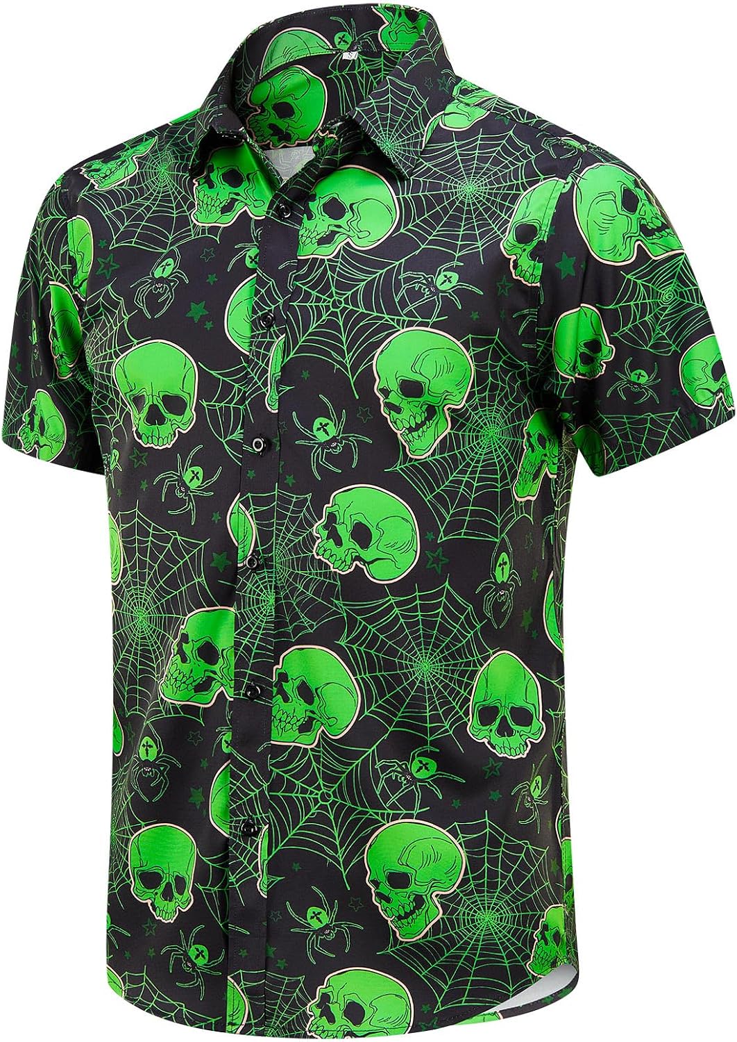 Halloween Button Down Shirts for Men Fun Skeleton Printed Casual Short Sleeve Hawaiian Tropical Novelty Shirt
