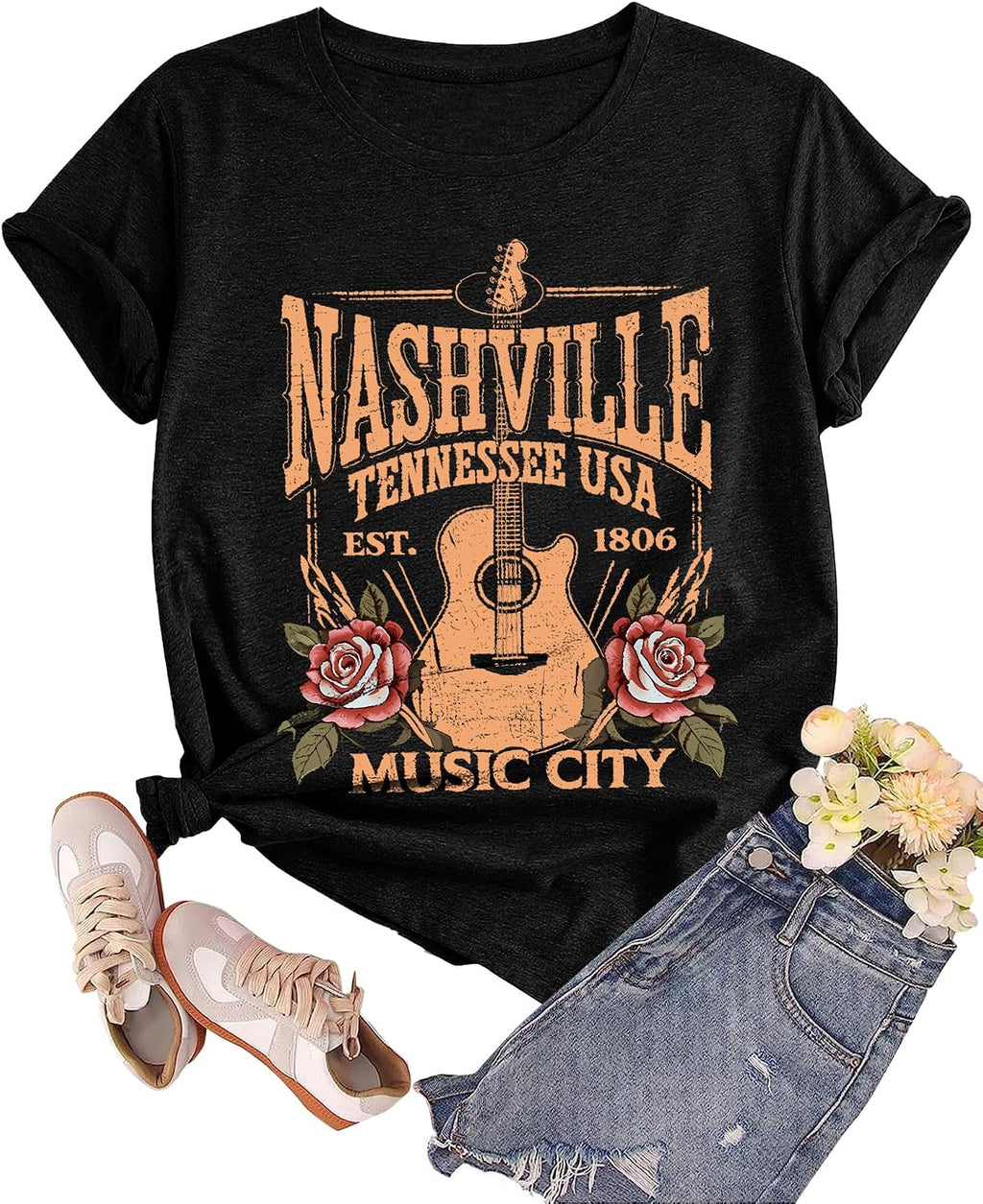 Womens Nashville Western Rodeo Cowgirl Vintage Graphic Band Tee T Shirt Short Sleeve Casual Summer Tops Outfits