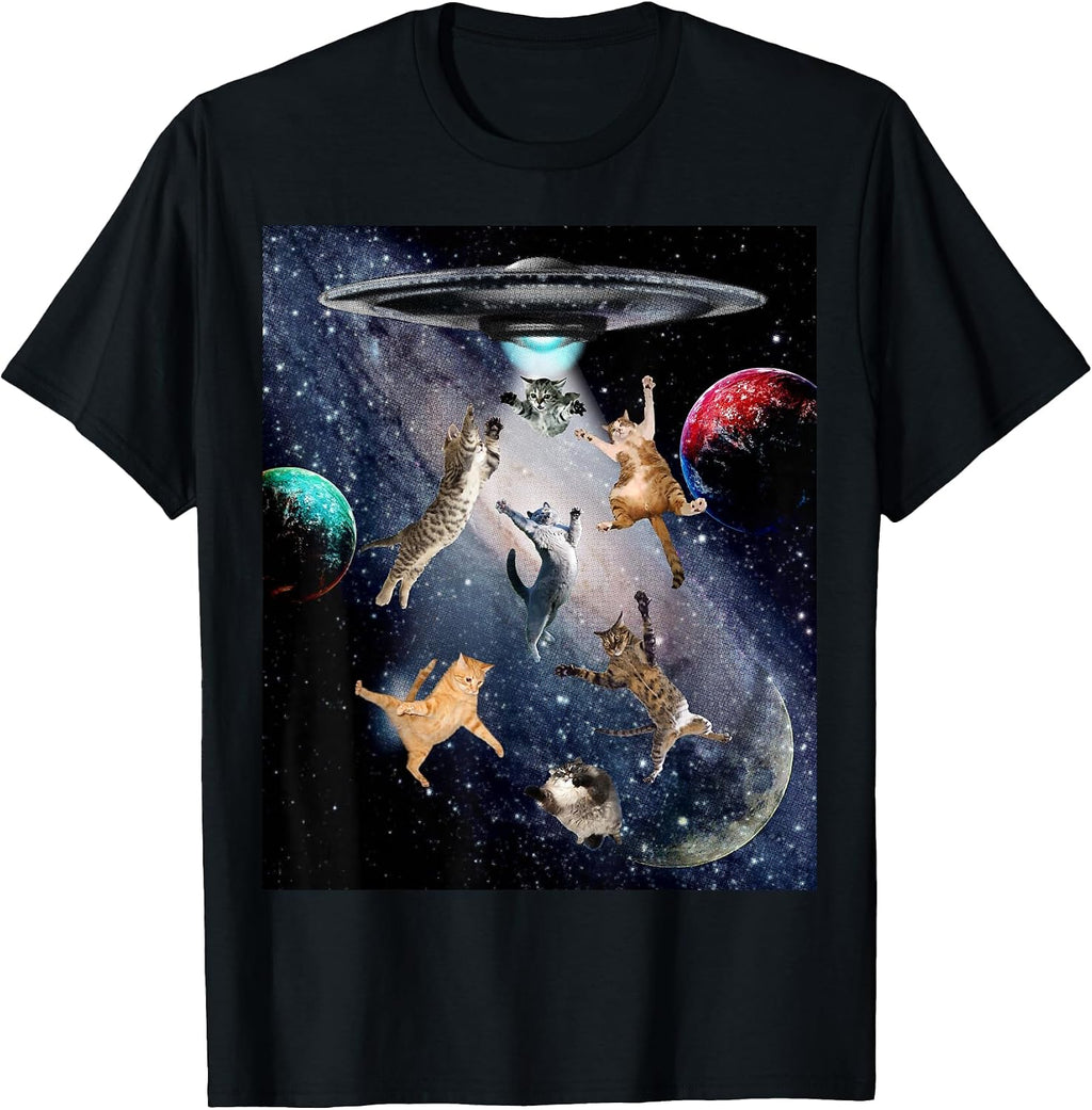 UFO Cats T-Shirt for Adults Galaxy Cats Cute Cat Lover T-Shirt
