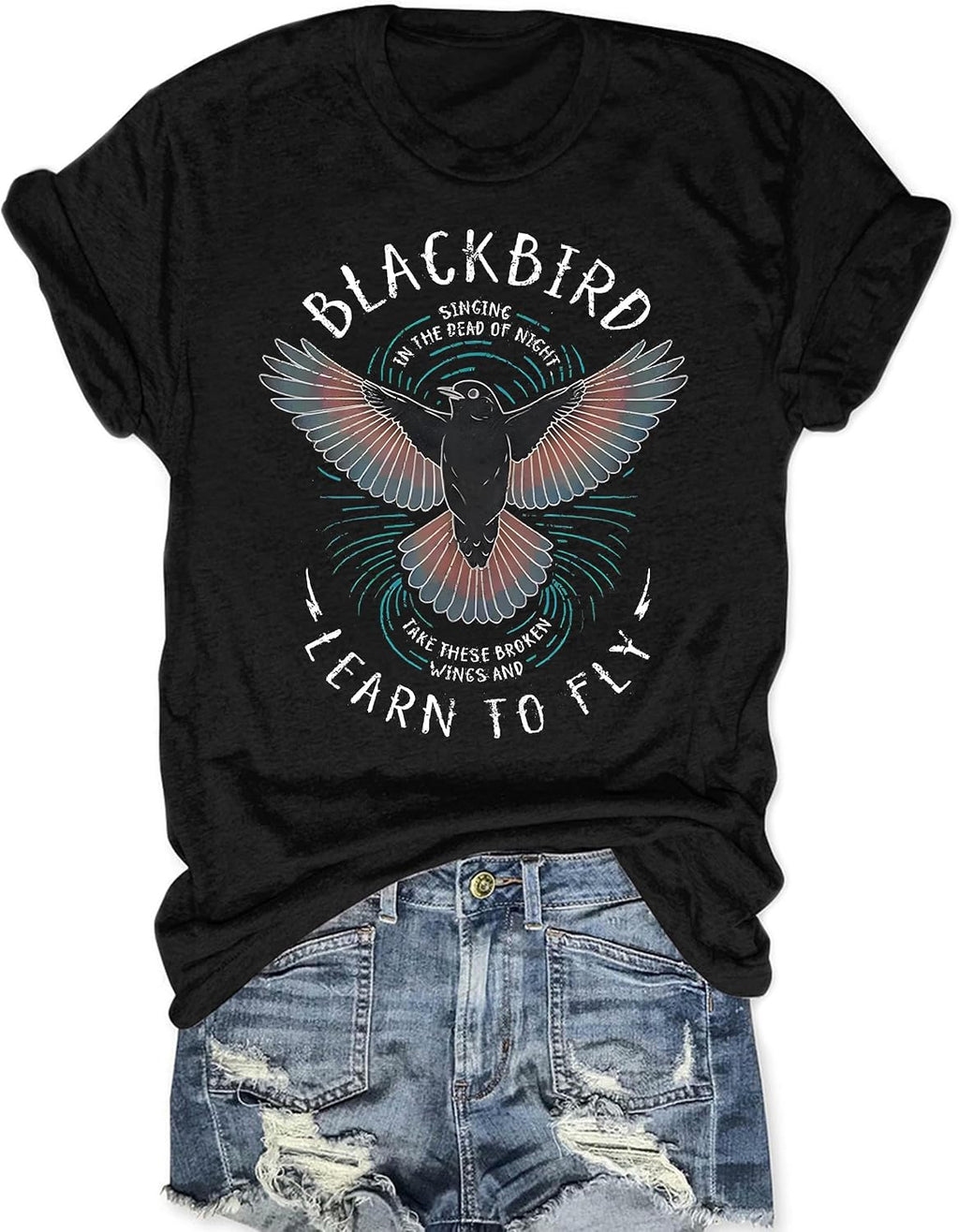 Women Rock Band T Shirt Black Bird Shirt Vintage Retro Music Graphic Tees Concert Outfit Short Sleeve Tops