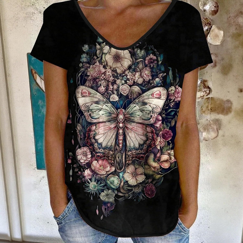 Women's V-Neck Short Sleeve T-Shirts with Retro Floral Animal Print Casual Soft All Over Graphic Tees