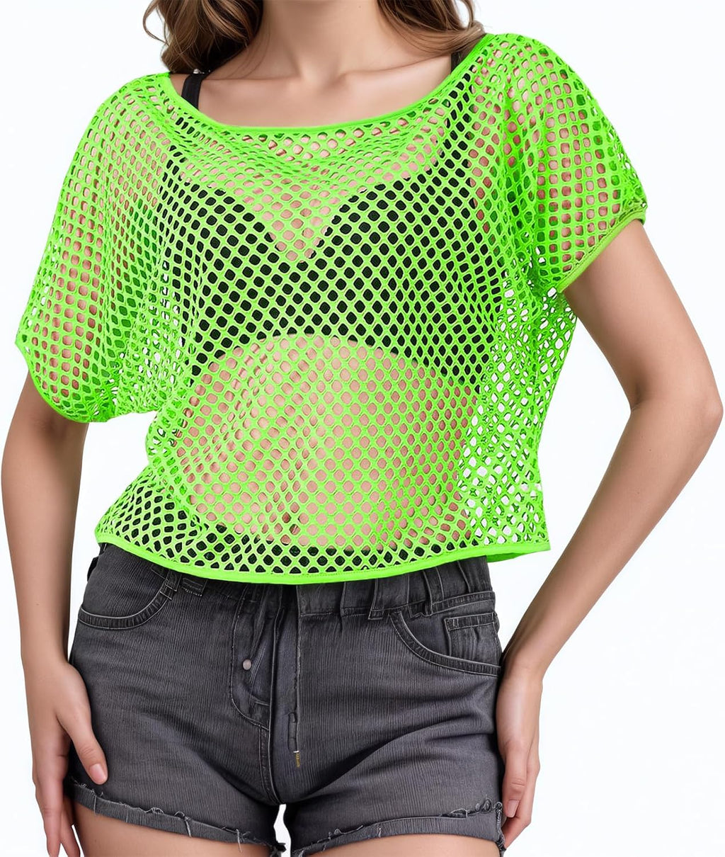 80s Neon Shirts for Women, Fishnet Top, Casual Neon Clothes, Off-Shoulder T-Shirt, Suitable for Masquerade Disco Party