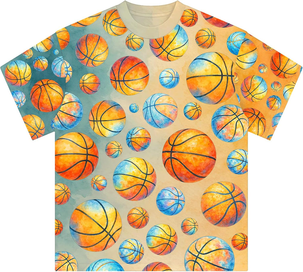 Kids Youth Sports Ball Shirt, Allover Watercolor Print Tee, Quick-Dry Polyester, Short Sleeve Crewneck, Unisex