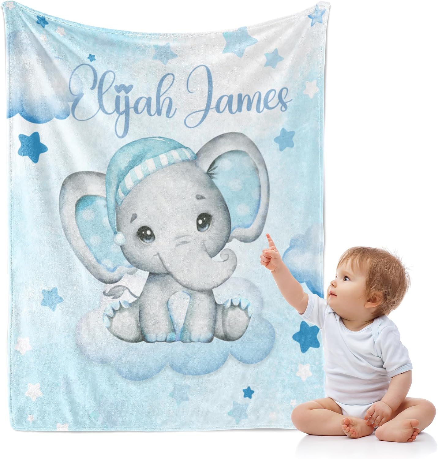 Personalized Baby Blanket for Boys,Custom with Name, Customized Name Receiving Blankets Toddlers Kids Nursery Stroller Crib Decor Throw 30/''x40/'',Color2, 02-blue Elephant