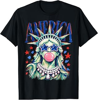 Brushstroke Statue of Liberty Blowing Bubble Gum 4th of July T-Shirt